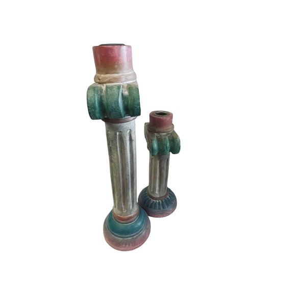 Vintage Pier 1 Pink Green Hand Painted Aztec Pillar Candlestick Holder‎ Pair 13" - Picture 5 of 12